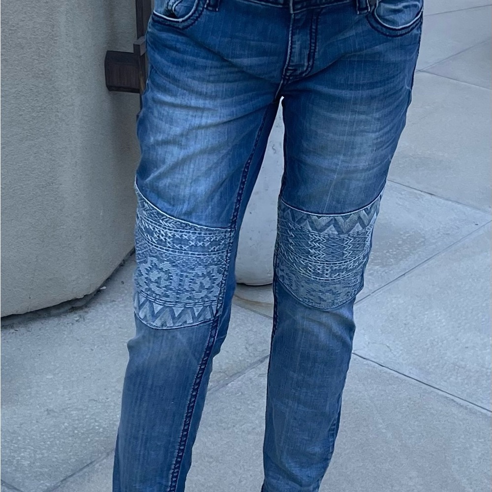 Miss Me Blue Straight Leg Jeans with Embroidered Details